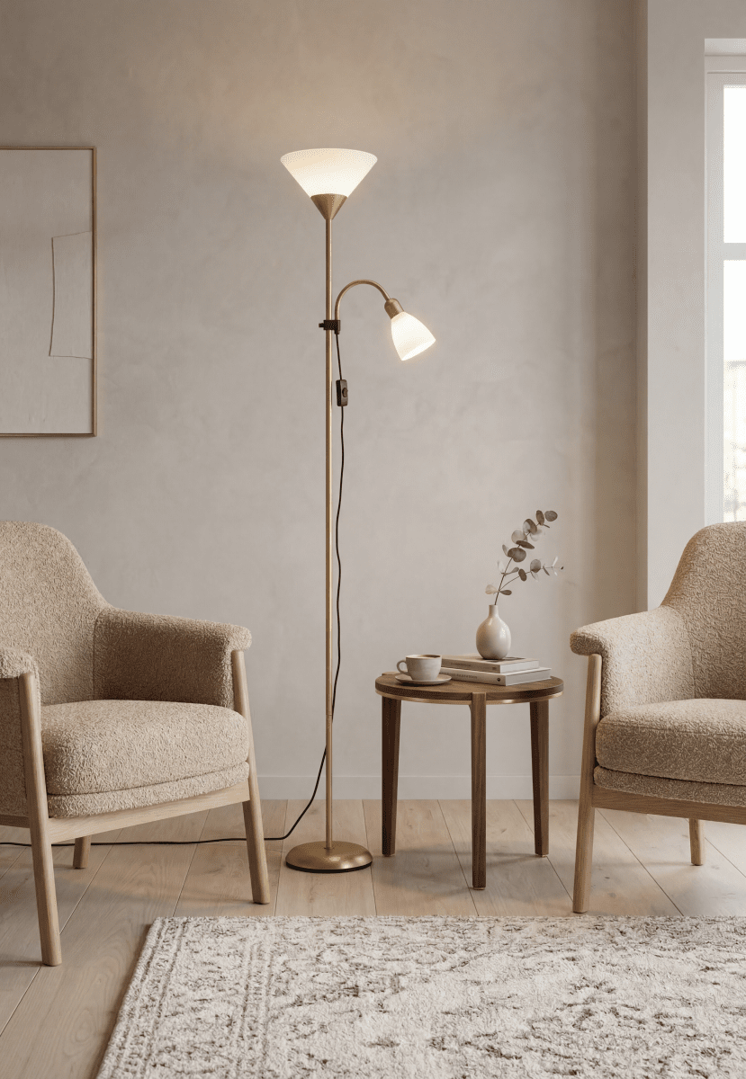 Vigo Messing gulvlampe Fra Aneta Lighting - Metalstellet har en mat messingfinish og suppleres af hvide plastkupler for et lyst og tidl&oslash;st udtryk.