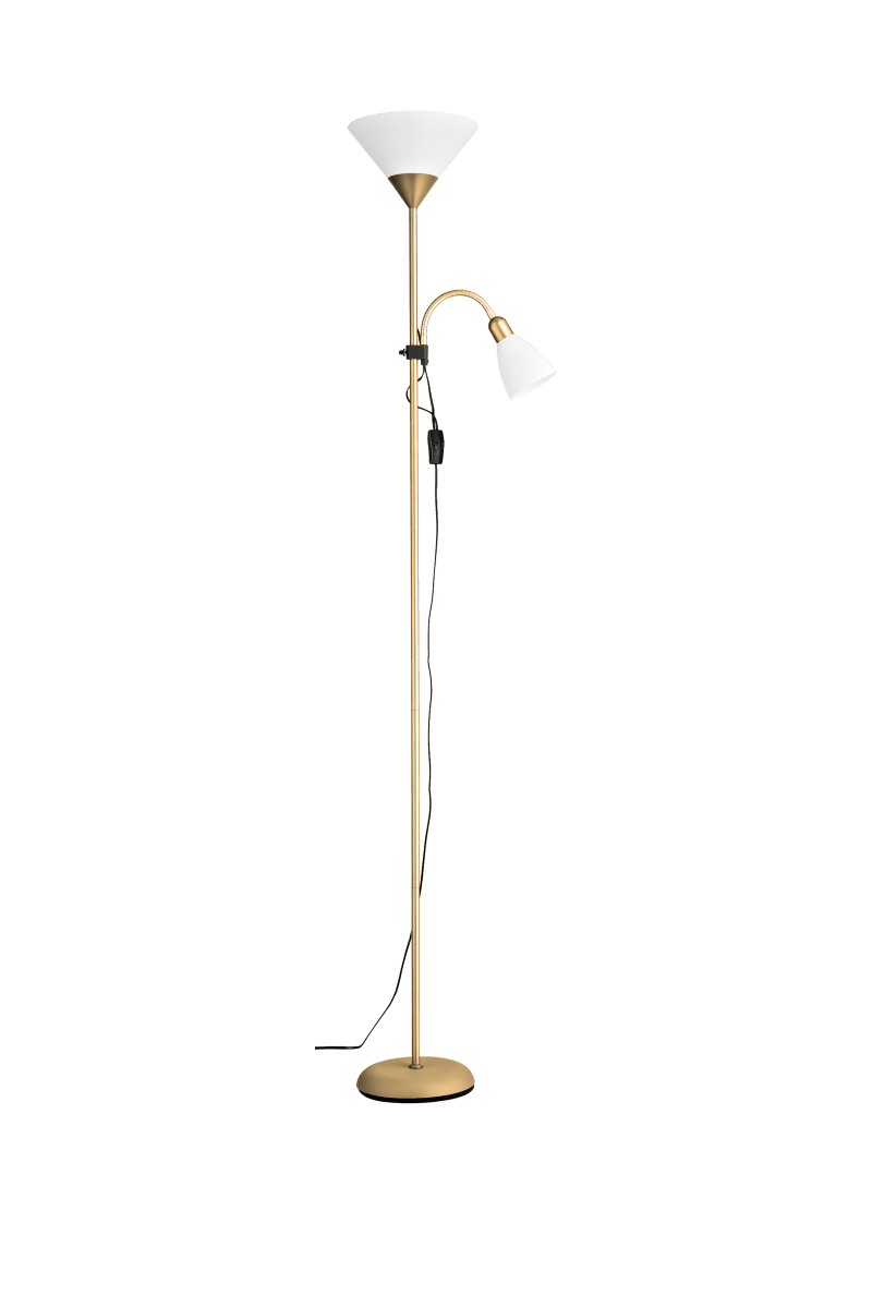 Vigo Messing gulvlampe Fra Aneta Lighting - Metalstellet har en mat messingfinish og suppleres af hvide plastkupler for et lyst og tidl&oslash;st udtryk.