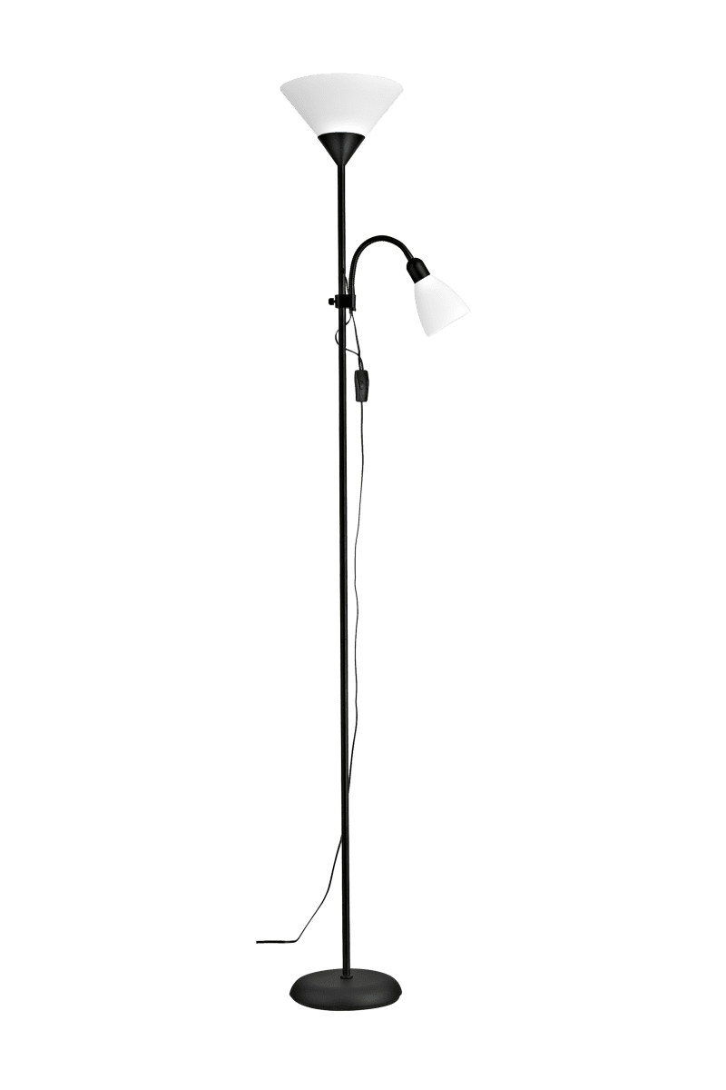 Zoom billede af Vigo Sort gulvlampe Fra Aneta Lighting - Metalstellet har en sort finish og suppleres af hvide plastkupler for et lyst og tidl&oslash;st udtryk.