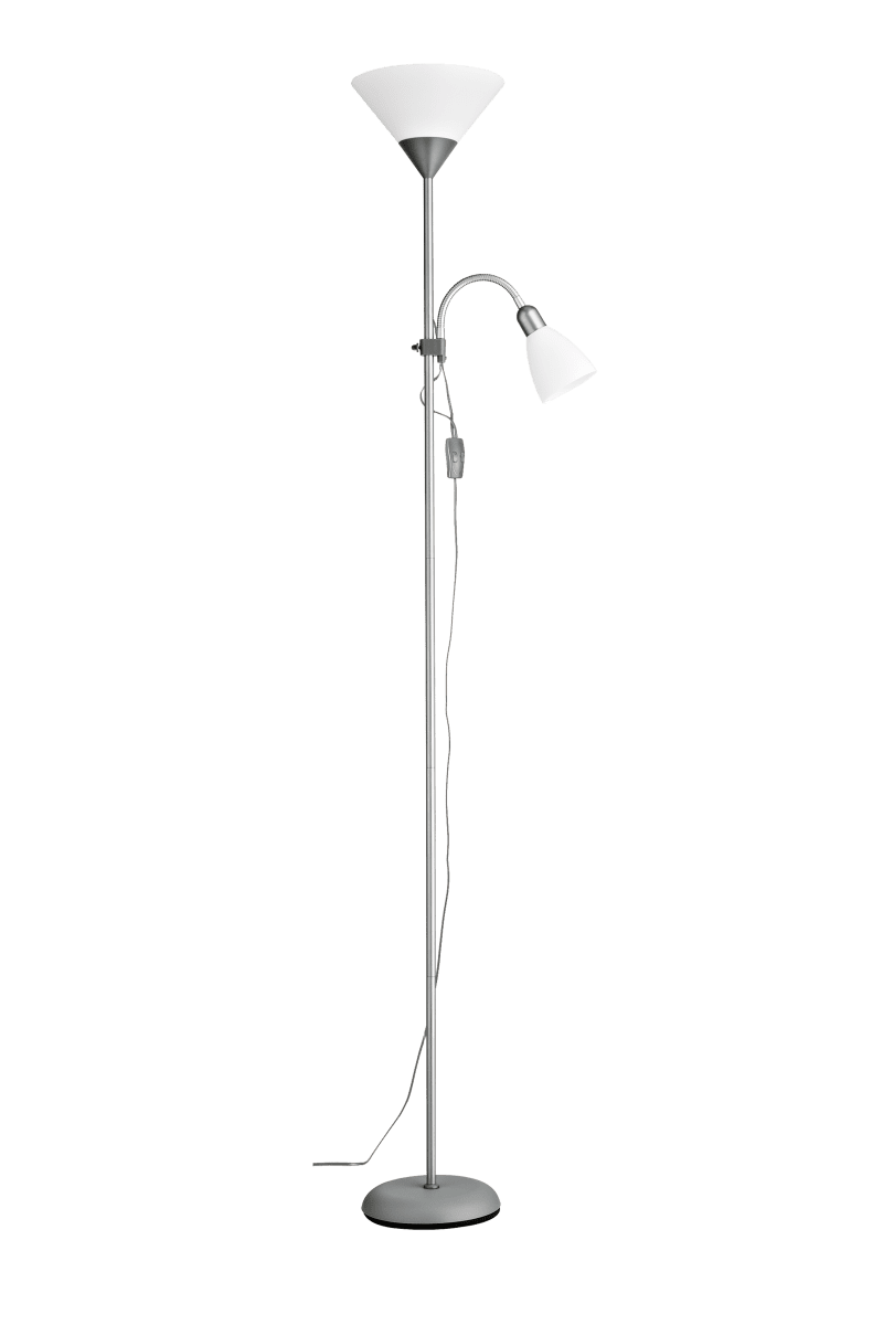 Zoom billede af Vigo Sølv gulvlampe Fra Aneta Lighting - Metalstellet har en mat sølvfinish og suppleres af hvide plastkupler for et lyst og tidløst udtryk.