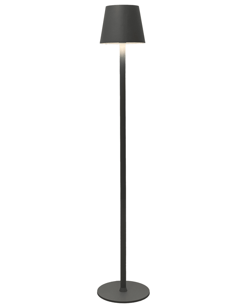Sofy Mørkegrå Fra Lightson - Sofy er en stilfuld gulvlampe i m&oslash;rkegr&aring; aluminium, specielt designet til at skabe en hyggelig og hyggelig atmosf&aelig;re i dine udend&oslash;rsmilj&oslash;er.