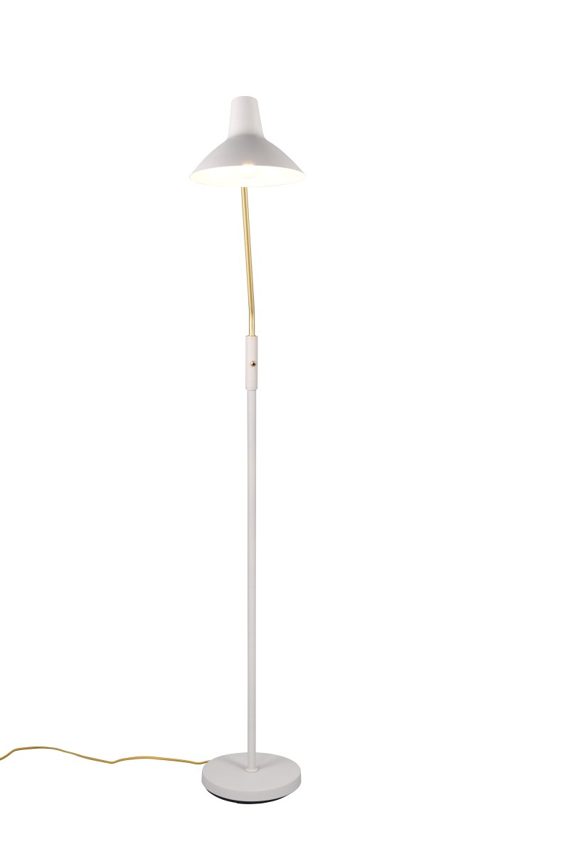 Traveller Grå gulvlampe Fra Trio Lighting - Det varme grå farveskema og lysarmen i mat messing giver et sofistikeret touch, mens det minimalistiske design passer ind i forskellige indretningsstile.