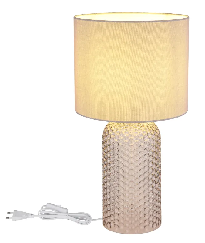 Sofia 50cm Grå bordlampe Fra Globo Lighting - Bordslampan Sofia imponerar med sin eleganta kombination av en texturerad glaskropp och en cylindrisk textilsk&auml;rm i lyxig gr&aring; ton.