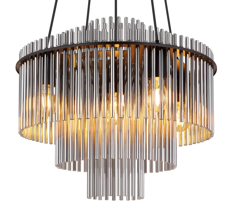 Gorley Ø50 Røgfarvet loftslampe Fra Globo Lighting - Med sin runda form och sk&auml;rm av r&ouml;kf&auml;rgade glasstavar skapar den en sofistikerad ljusbild och en st&auml;mningsfull atmosf&auml;r.