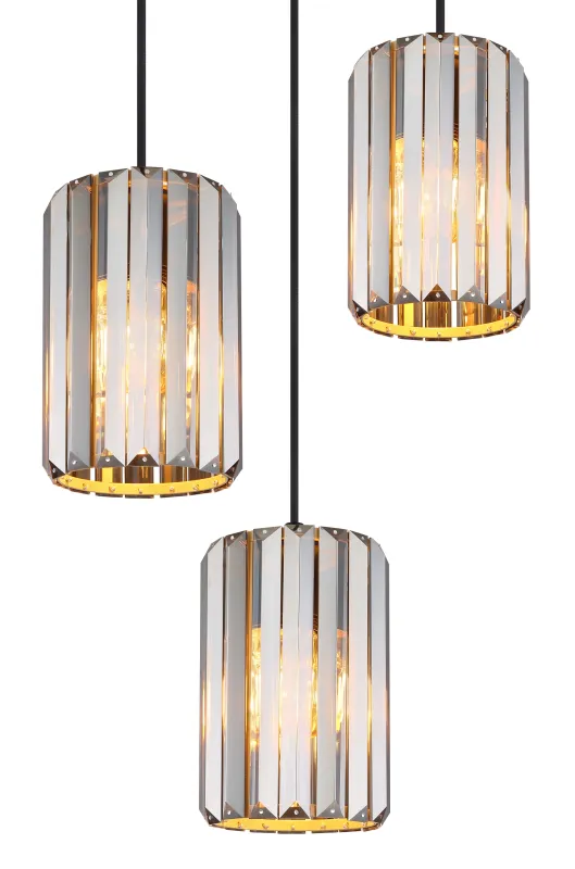 Run Ø35 Røgfarvet loftslampe Fra Globo Lighting - Kombinationen av metall i tr&auml;utseende och de tre sk&auml;rmarna med r&ouml;kf&auml;rgade K5-kristaller ger en harmonisk ljusspridning och en sofistikerad k&auml;nsla.