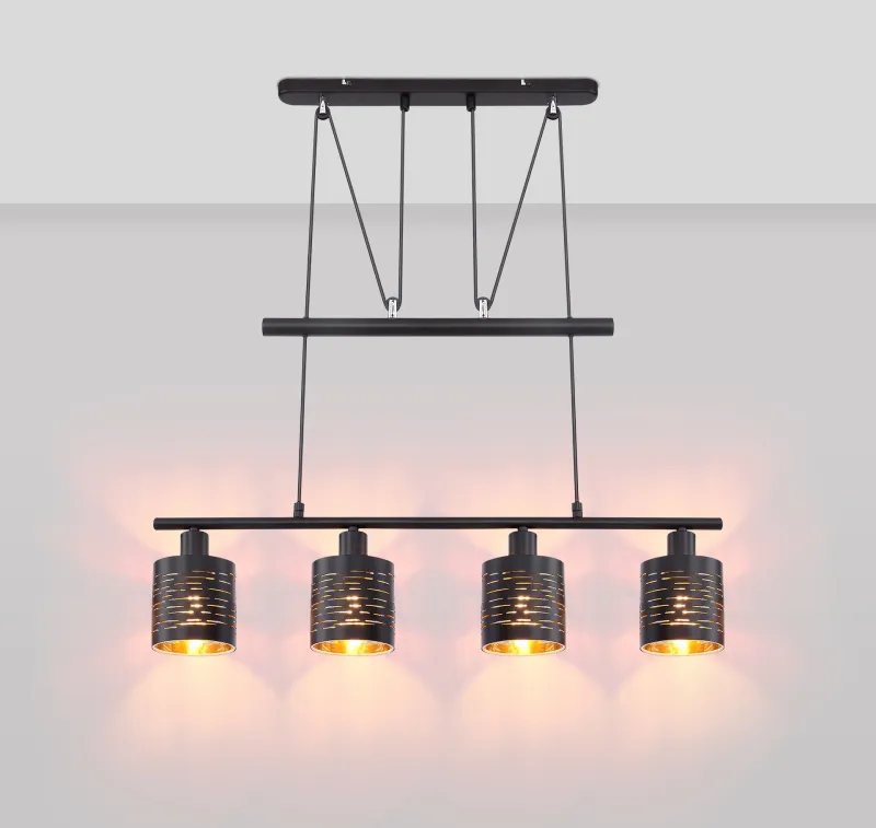 Tunno 70cm Sort loftslampe Fra Globo Lighting - Perfekt f&ouml;r k&ouml;k eller vardagsrum, d&auml;r dess dekorativa utsk&auml;rningar, form och guldf&auml;rgade insida skapar en varm och inbjudande atmosf&auml;r.