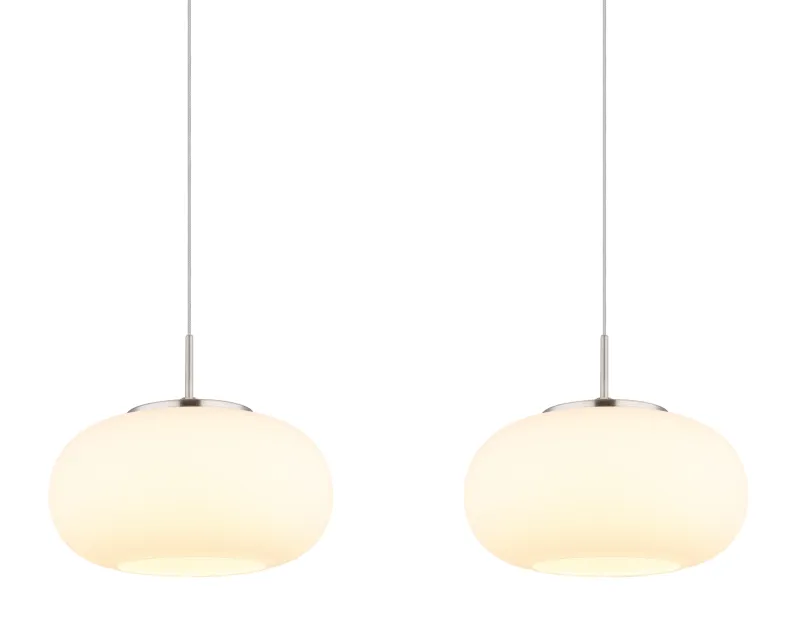 Quintara 110cm Nikkel loftslampe Fra Globo Lighting - Quintara&nbsp;&auml;r en stilren och modern takpendel med en rak metallram och fyra runda, sf&auml;riska glaskupor.