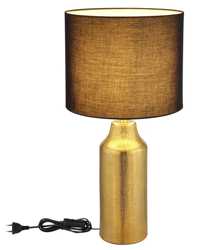 Elden 60cm Guld bordlampe Fra Globo Lighting - Den guldf&auml;rgade keramiska basen i kombination med den svarta cylindriska textilsk&auml;rmen skapar en sofistikerad kontrast och blir en stilfull inredningsdetalj.