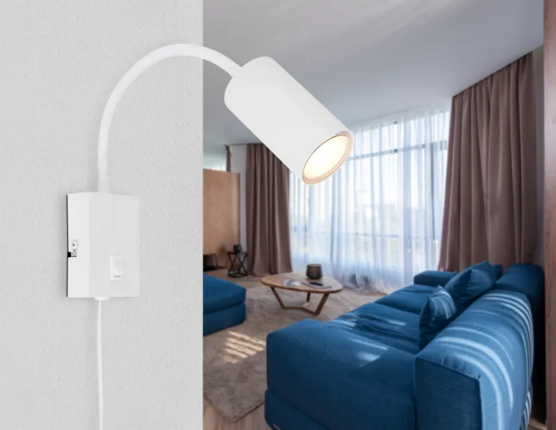 Robby Hvid læselampe Fra Globo Lighting - Robby &auml;r en klassisk, kompakt v&auml;gglampa tillverkad i plast och mattvit metall, vilket ger en stilren och modern look.