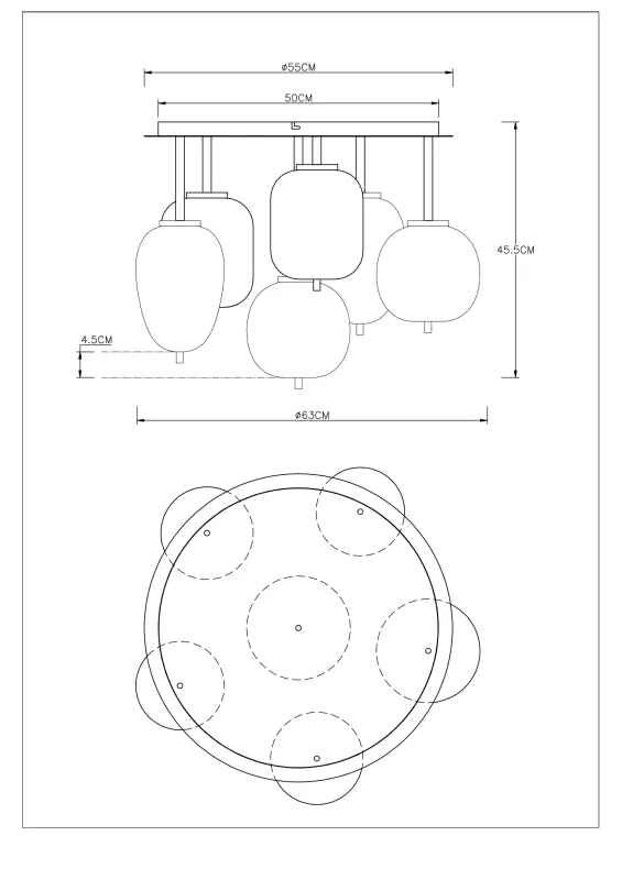 Blacky Ø63 Messing plafond Fra Globo Lighting - Lampan &auml;r utrustad med 6st r&ouml;kf&auml;rgade glaskupor i olika former, som h&auml;nger fr&aring;n taket p&aring; mattsvarta st&auml;nger f&auml;sta vid en m&auml;ssingsf&auml;rgad bas.