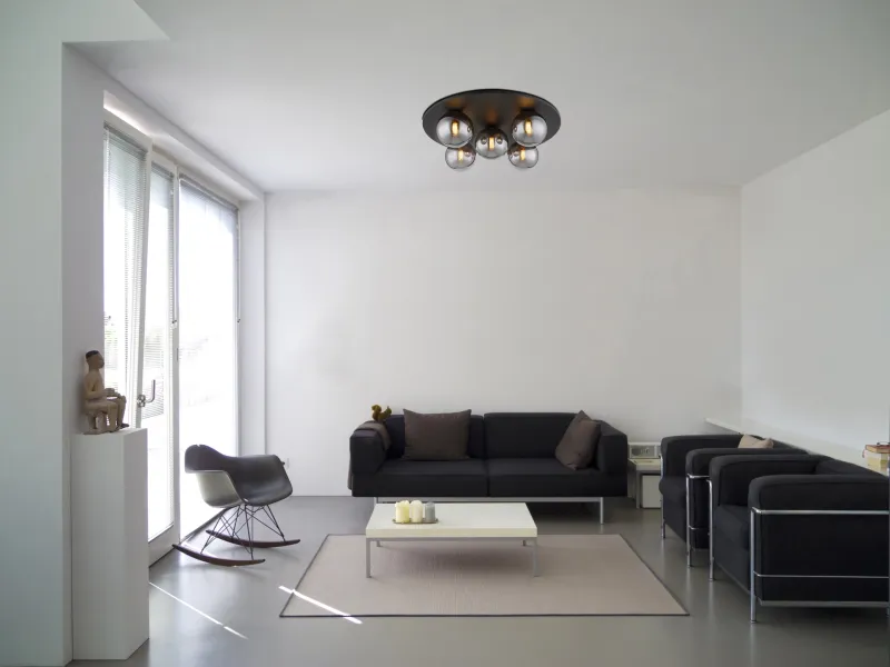 Riha Ø50 Røgfarvet plafond Fra Globo Lighting - Den mattsvarta metallen i kombination med 5st r&ouml;kf&auml;rgade glas ger ett sofistikerat uttryck och passar perfekt in i olika inredningsstilar.