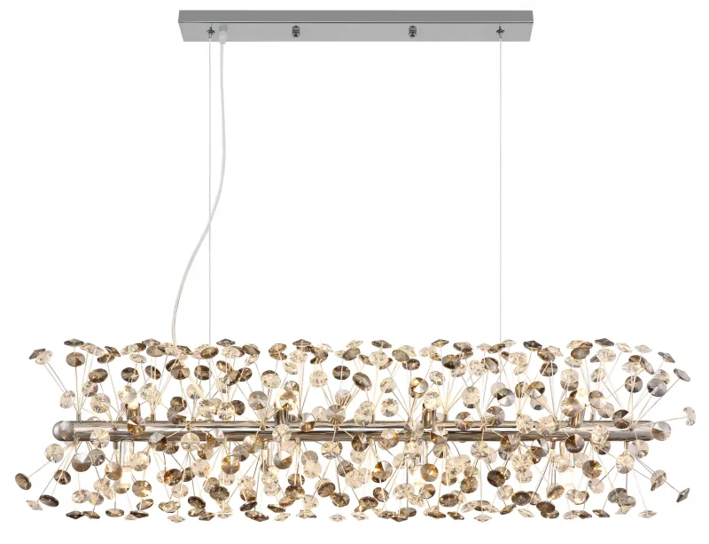 Katrina 90cm Røgfarvet krystal Fra Globo Lighting - Katrina er en elegant rektangulær krystallysekrone i forkromet metal med funklende K9-krystaller, der skaber en sofistikeret og luksuriøs atmosfære i dit hjem.