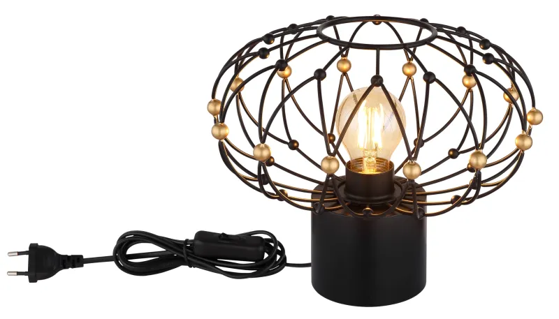 Greys 25cm Sort bordlampe Fra Globo Lighting - Den runda metallsk&auml;rmen i mattsvart med dekorativa guldf&auml;rgade detaljer ger lampan ett sofistikerat uttryck och blir ett stilfullt inslag i hemmet.