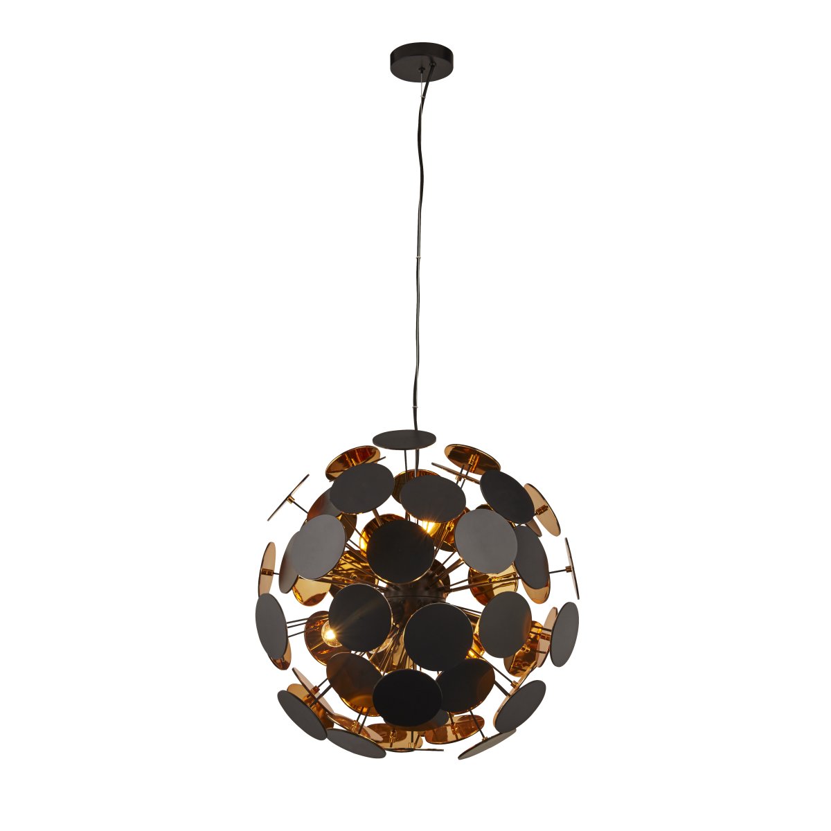 Discus Ø54 Sort loftslampe Fra Searchlight - Discus pendlen med seks lyskilder har en matsort finish og metalsøm med runde skiver i enderne og et guldfarvet interiør.