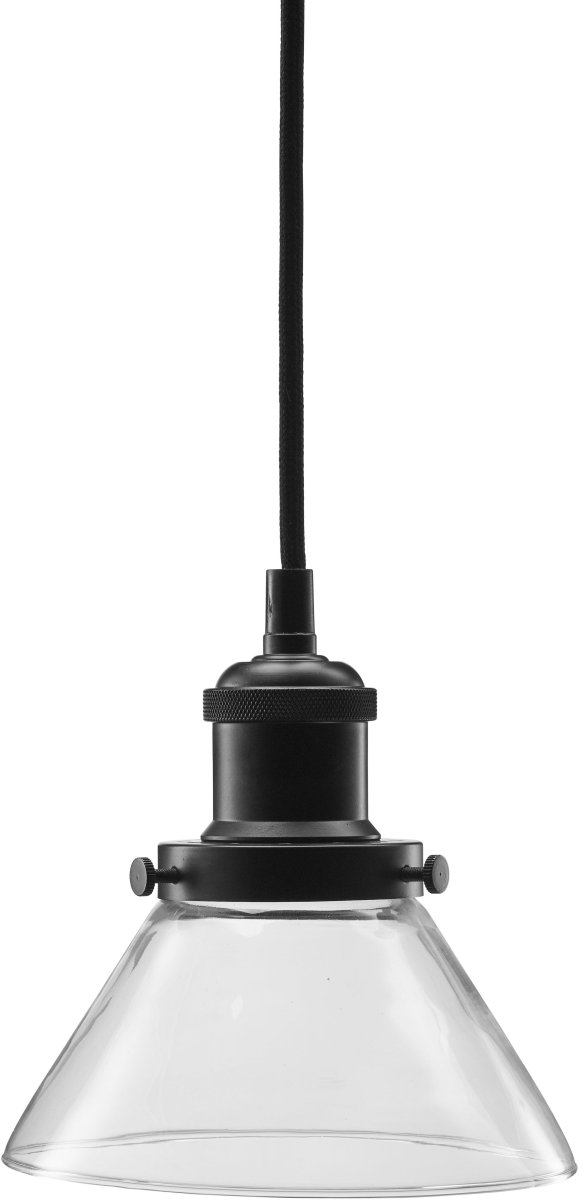 August Ø15 Gennemsigtig vindueslampe Fra PR Home - Lampeskærm i klart glas og lampeskærm i sort metal med mat overflade.