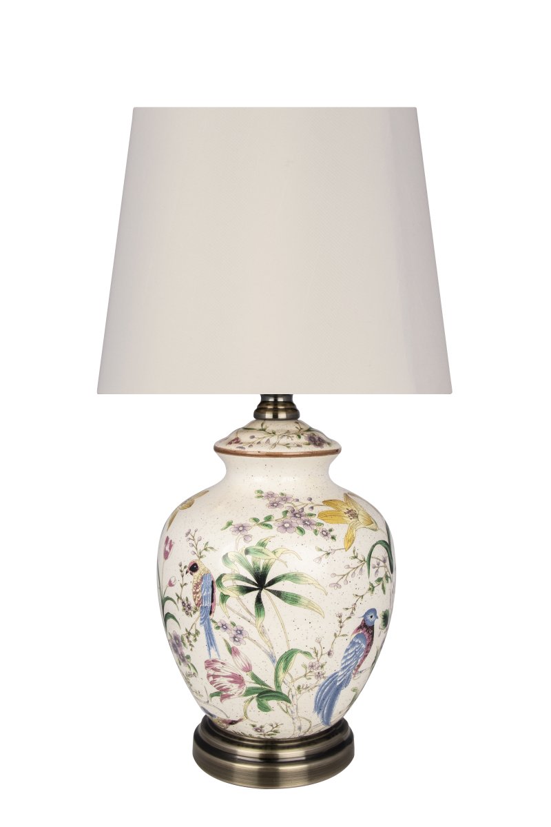 Eden 45cm Flerfarvet bordlampe Fra Globen Lighting - Eden er inspireret af naturen og illustrerer et paradis med blomster og paradisfugle.