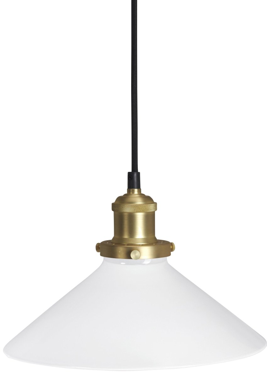 August Ø25 Hvid vindueslampe Fra PR Home - Lampesk&aelig;rm i opal hvidt glas og lampefod i metal med b&oslash;rstet messing finish.