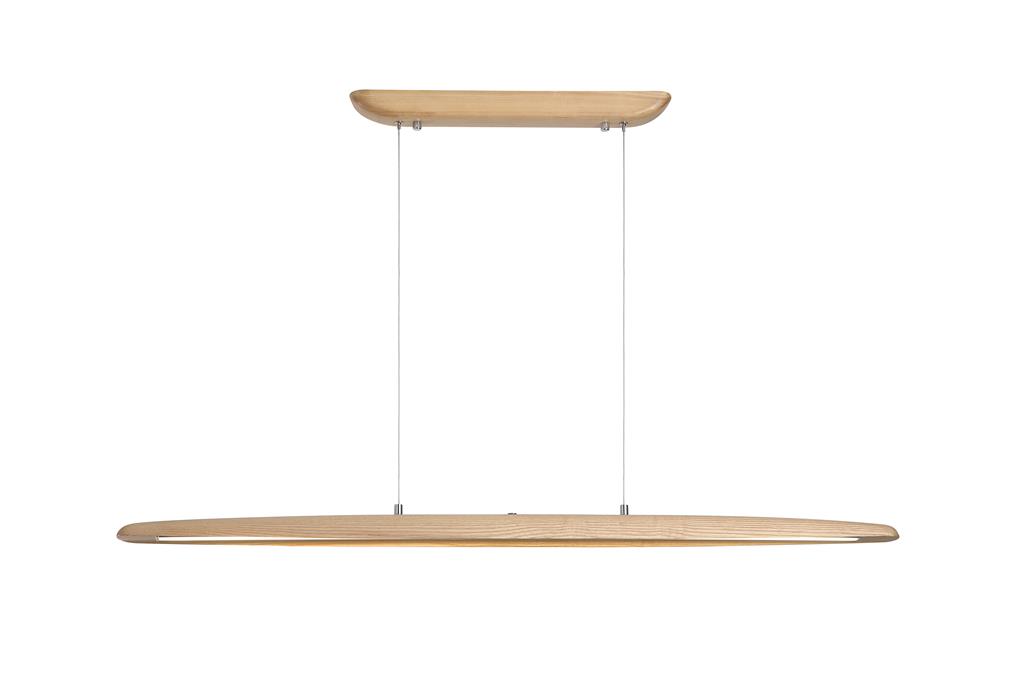 Kenzie 120cm Træ loftslampe Fra Searchlight - Kenzie-pendlen har et stilfuldt lineært design, hvor naturlig ask er kombineret med hvid akryl, hvilket giver et moderne og harmonisk udtryk.