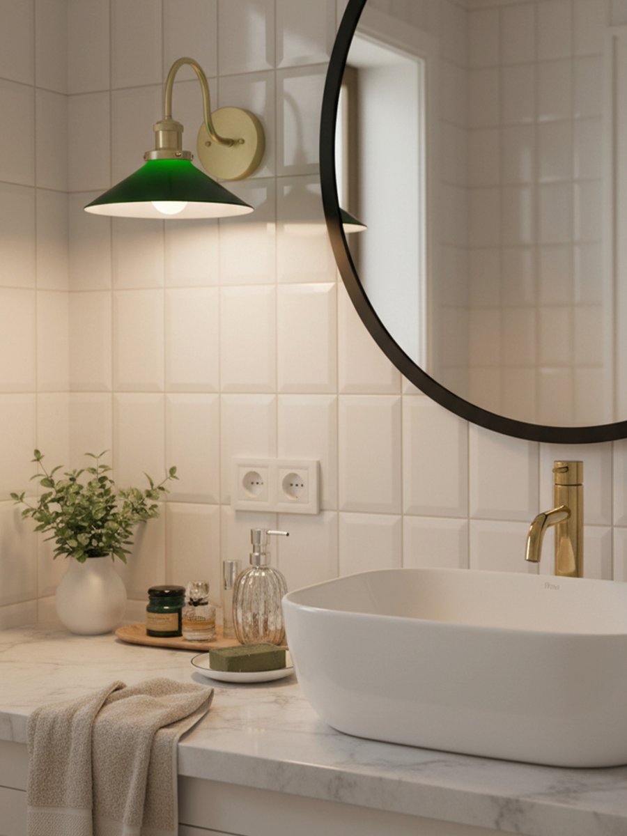 August 38cm Messing/grøn badeværelseslampe Fra PR Home - Denne skomagerlampe er specielt designet til badev&aelig;relser og har en elegant glassk&aelig;rm p&aring; 25 cm i diameter, der spreder lyset bl&oslash;dt og j&aelig;vnt.