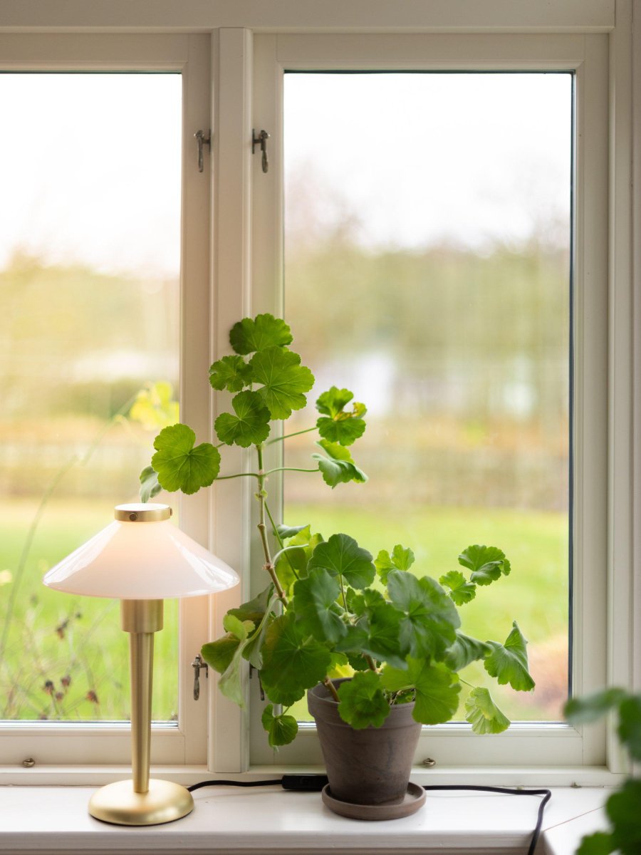 August 34cm Messing bordlampe Fra PR Home - Lampeskærmen er lavet af glas og skrues fast; placeres ved hjælp af en metalhætte i samme finish som foden.