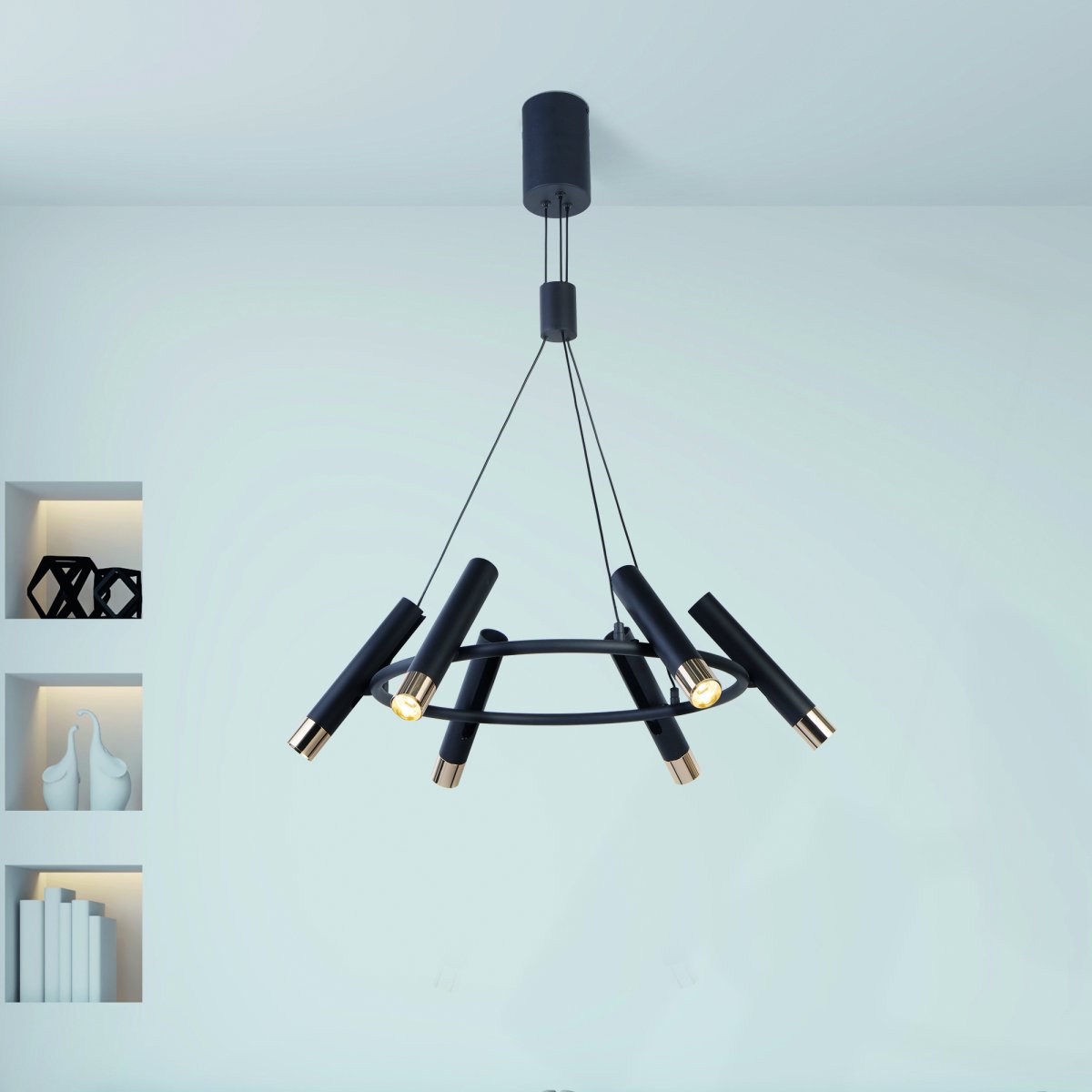 Cylinder Ø70 Sort loftslampe Fra Searchlight - Med 6 integrerede LED-lys omkring en cirkulær ramme er den perfekt til det moderne hjem.