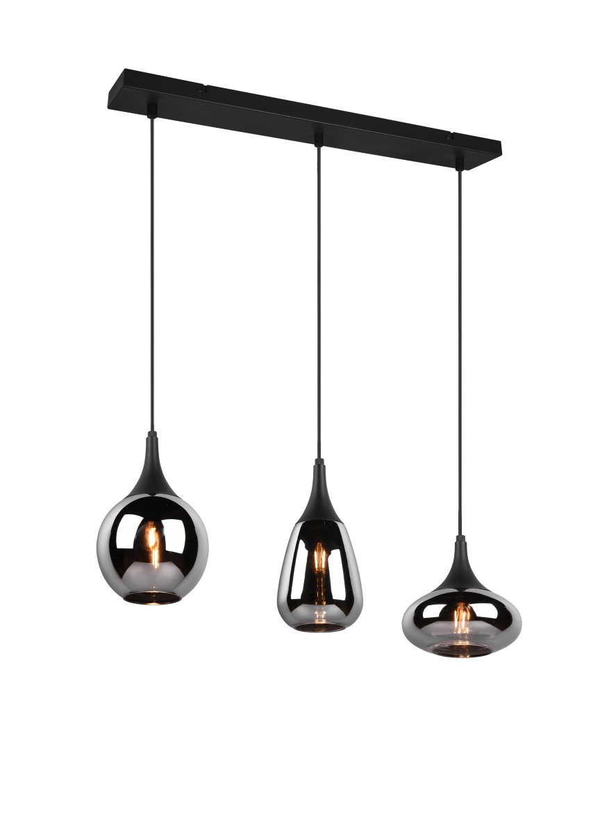 Lumina 68cm Sort loftslampe Fra Trio Lighting - De tre sk&aelig;rmes forskellige former og kombinationen af metal og glas skaber en smuk og unik lysstemning, og giver din spiseplads et moderne touch.