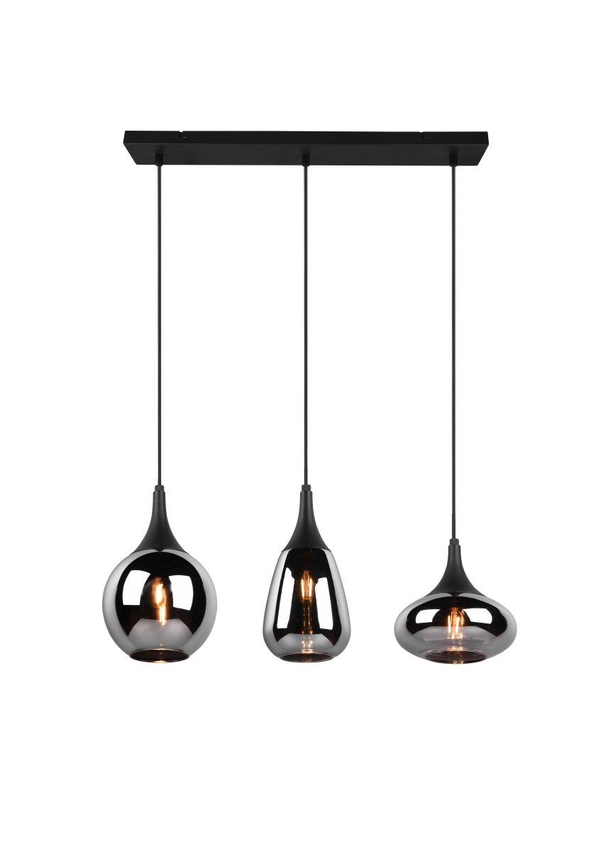 Lumina 68cm Sort loftslampe Fra Trio Lighting - De tre sk&aelig;rmes forskellige former og kombinationen af metal og glas skaber en smuk og unik lysstemning, og giver din spiseplads et moderne touch.