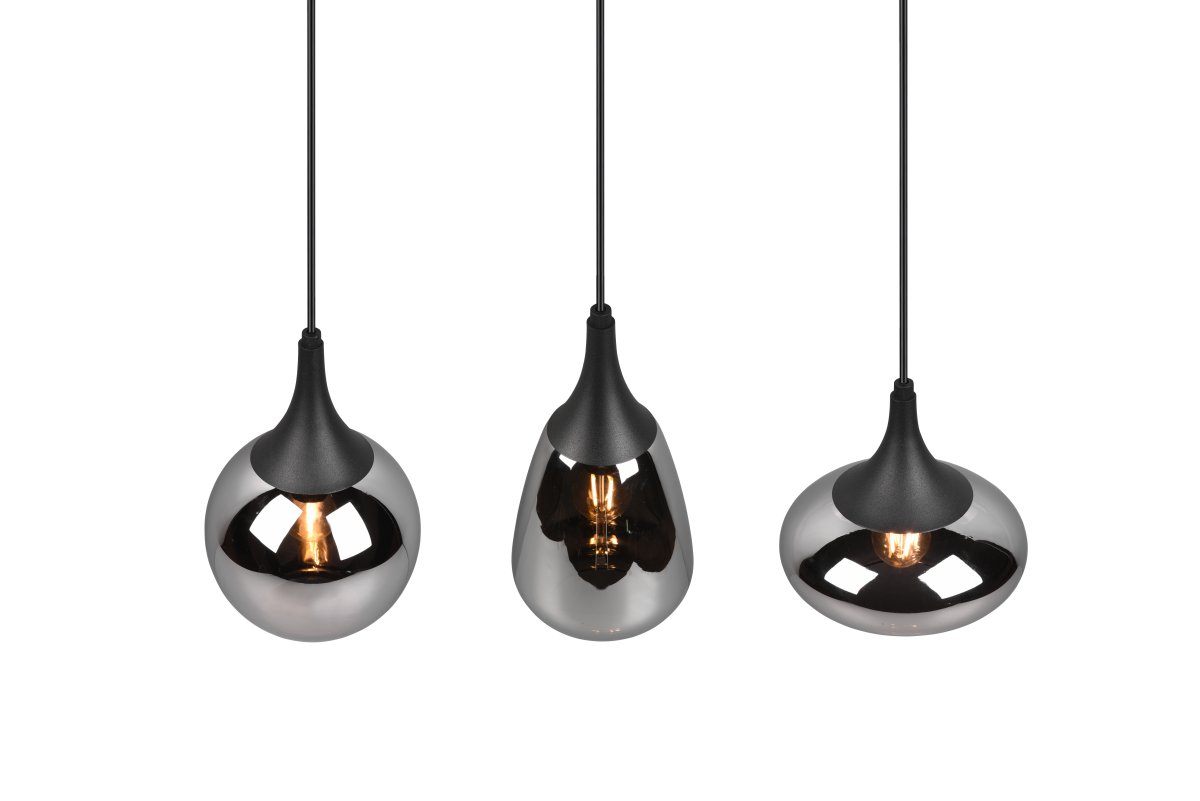 Lumina 68cm Sort loftslampe Fra Trio Lighting - De tre sk&aelig;rmes forskellige former og kombinationen af metal og glas skaber en smuk og unik lysstemning, og giver din spiseplads et moderne touch.