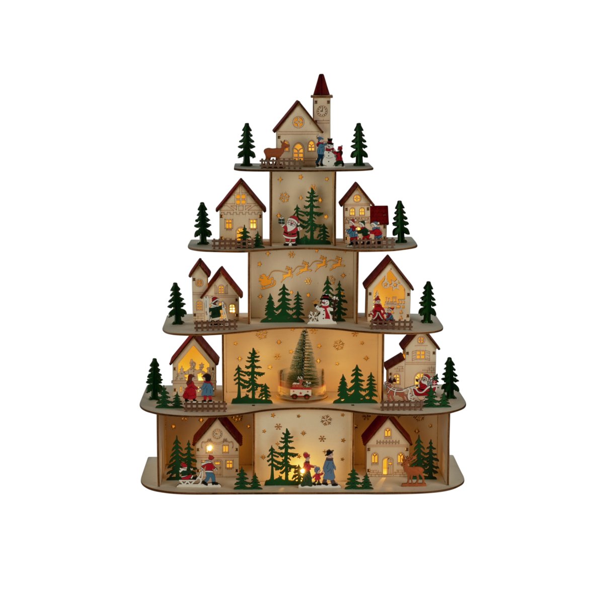 Juleby LED 48cm Træ Fra Konstsmide - Julelandsbyen drives af 3 AA-batterier (medf&oslash;lger ikke) og er ogs&aring; udstyret med en timerfunktion, 6 timer t&aelig;ndt og 18 timer slukket, hvilket g&oslash;r den b&aring;de praktisk og energieffektiv.