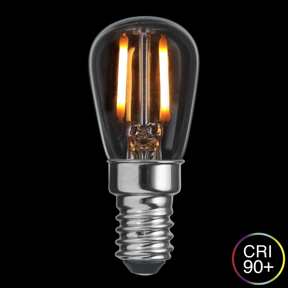 E14 Pærelampe 2,2W 2700K Dæmpbar Gennemsigtig Fra Unison - Lampen er d&aelig;mpbar og har et farvegengivelsesindeks (CRI) p&aring; &ouml;ver 90, hvilket betyder, at den giver en rigtig god og naturlig farvegengivelse i rummet.