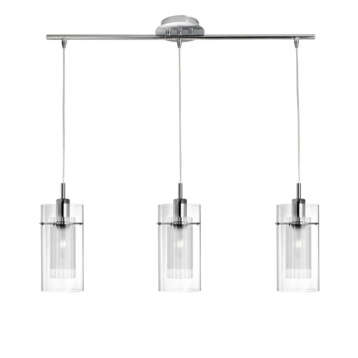 Duo 70cm Chrom loftslampe Fra Searchlight - Duo pendellampe i krom med 3 dobbeltcylindrede glasskærme giver et moderne og stilfuldt indtryk i køkkenet eller spisestuen, perfekt over et køkken- eller spisebord.