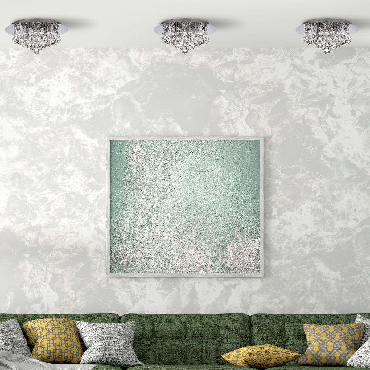 Hanna Ø35 Chrom krystal Fra Searchlight - Den luksuriøse lampe sidder tæt til loftet og har fire stearinlys omgivet af smukke krystaldekorationer og kugler.