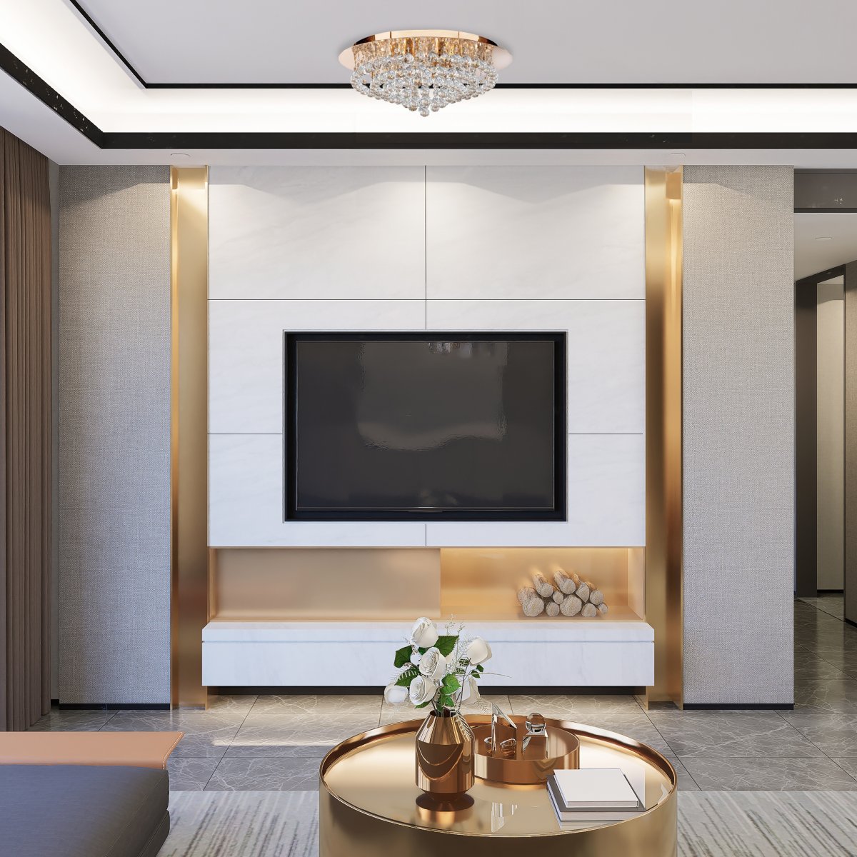 Hanna Ø55 Guld plafond Fra Searchlight - Den elegante gyldne finish sammen med en guldspejl bagplade fuldender udseendet af denne store, moderne lysekrone.