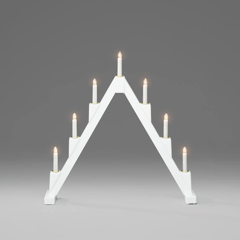 Candelabra 7 Lights Hvid Fra Konstsmide - Foldbar elektrisk lysestage med 7 lys, lavet af hvidmalet tr&aelig;, dekoreret med messingringe omkring hvert lys for et elegant touch.