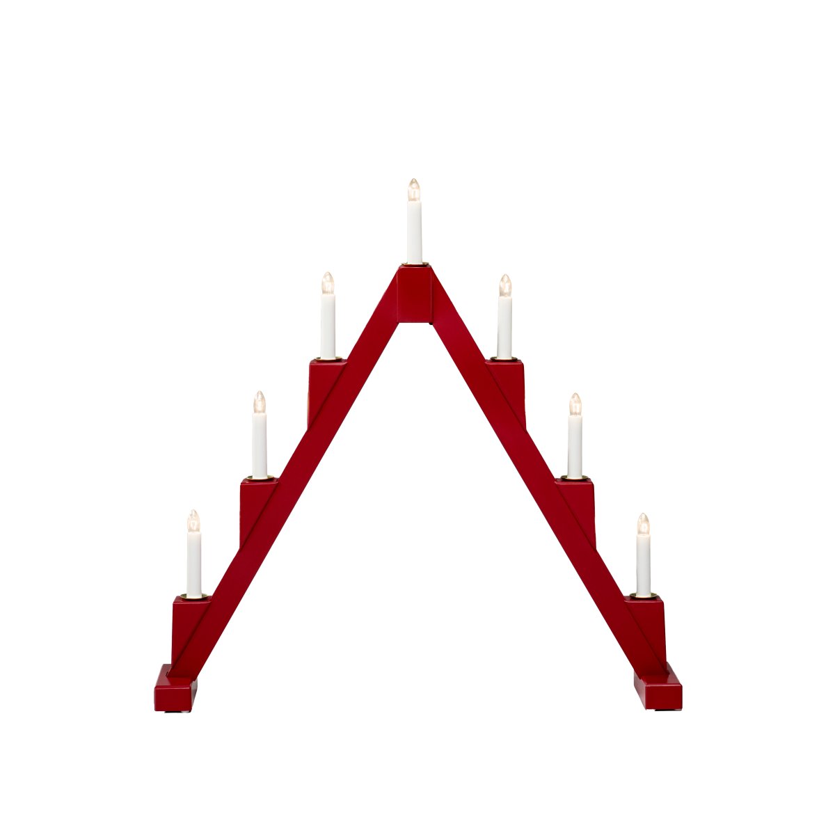 Candelabra 7 Lights RØD Fra Konstsmide - Foldbar elektrisk lysestage med 7 lys, lavet af r&oslash;dmalet tr&aelig;, dekoreret med messingringe rundt om hvert lys for et elegant pr&aelig;g.