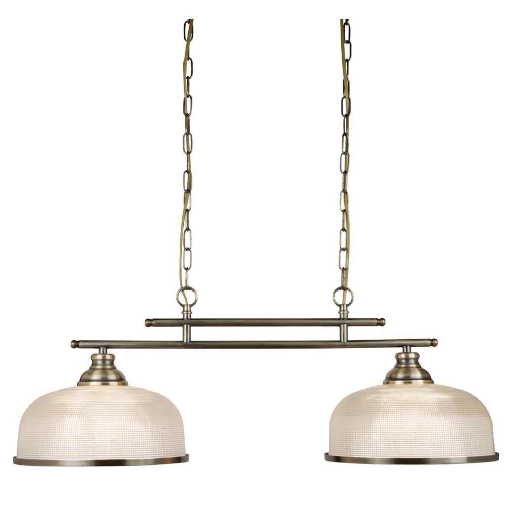 Bistro 75cm Antik messing loftslampe Fra Searchlight - Bistro er en stilfuld pendellampe, der hænger fra en robust ramme og giver dit køkken eller spisestue et opdateret, men tidløst udtryk.