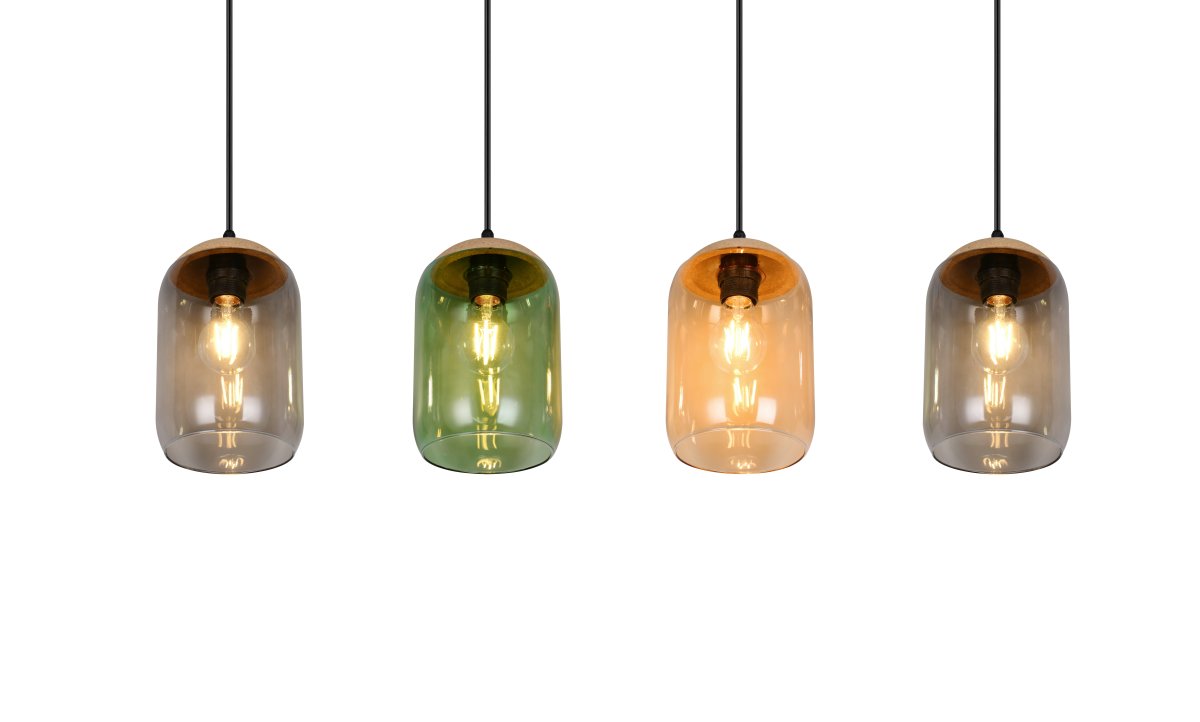 Cork 90cm Flerfarvet loftslampe Fra Trio Lighting - Materialeblandingen af kork, glas og metal giver en perfekt balance mellem moderne design og naturens skønhed, hvilket skaber et roligt og harmonisk miljø.