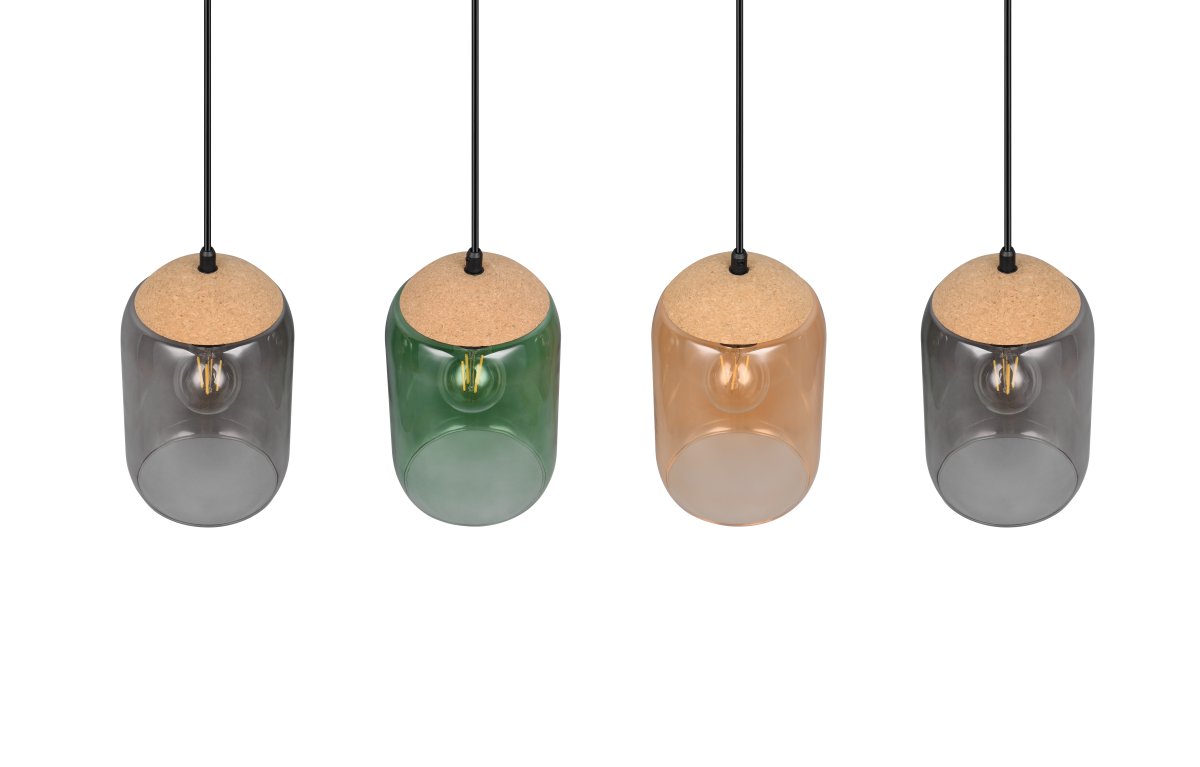 Cork 90cm Flerfarvet loftslampe Fra Trio Lighting - Materialeblandingen af kork, glas og metal giver en perfekt balance mellem moderne design og naturens skønhed, hvilket skaber et roligt og harmonisk miljø.