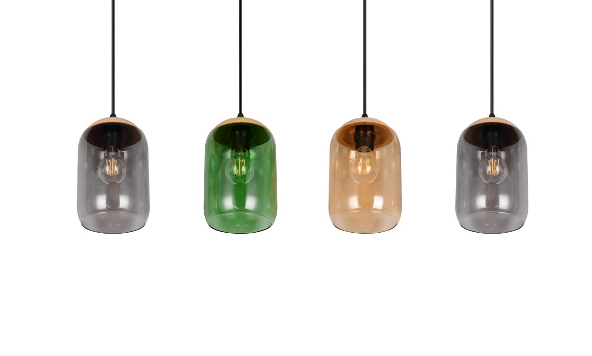 Cork 90cm Flerfarvet loftslampe Fra Trio Lighting - Materialeblandingen af kork, glas og metal giver en perfekt balance mellem moderne design og naturens skønhed, hvilket skaber et roligt og harmonisk miljø.