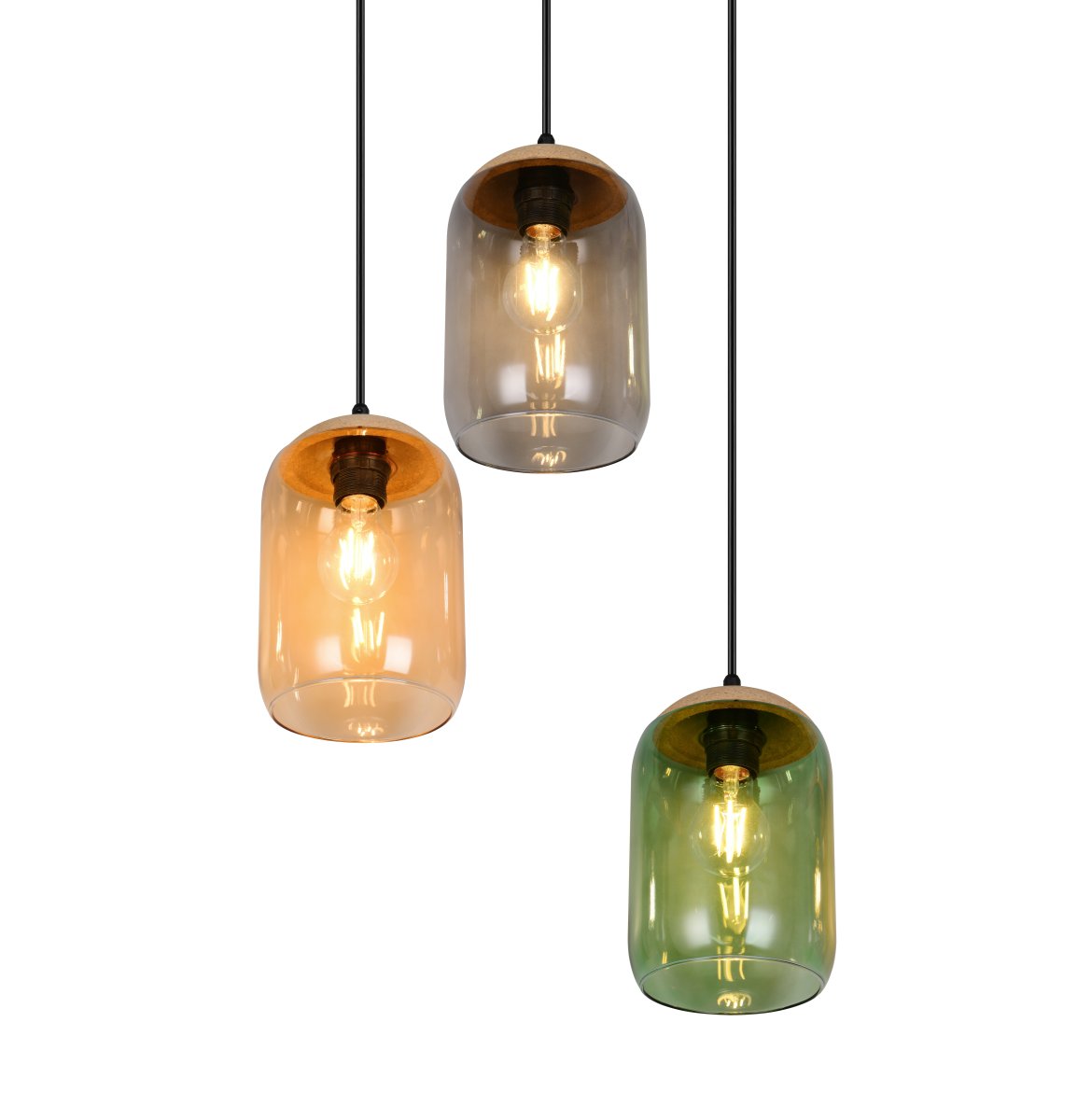 Cork Ø30 Flerfarvet loftslampe Fra Trio Lighting - Materialeblandingen af kork, glas og metal fremh&aelig;ver en balance mellem moderne design og naturens sk&oslash;nhed &ndash; perfekt til at skabe et roligt og atmosf&aelig;risk milj&oslash;.