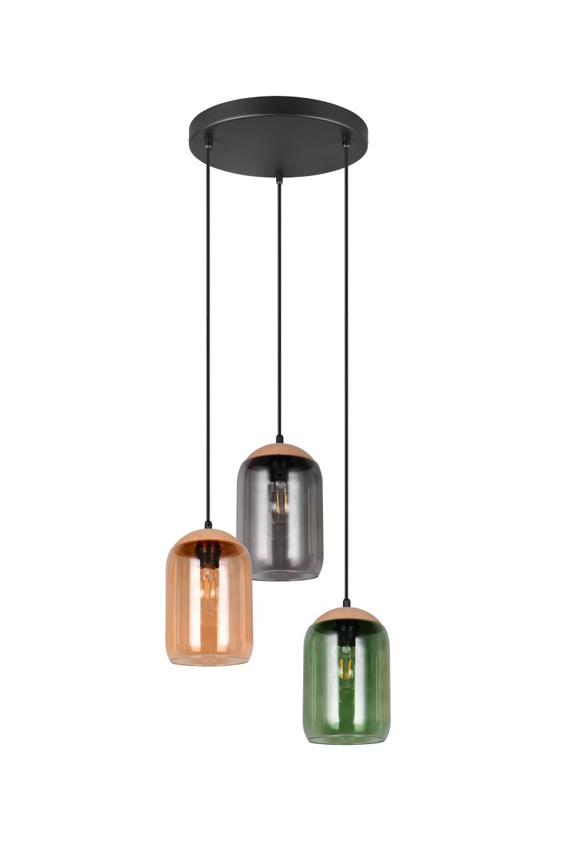 Cork Ø30 Flerfarvet loftslampe Fra Trio Lighting - Materialeblandingen af kork, glas og metal fremh&aelig;ver en balance mellem moderne design og naturens sk&oslash;nhed &ndash; perfekt til at skabe et roligt og atmosf&aelig;risk milj&oslash;.