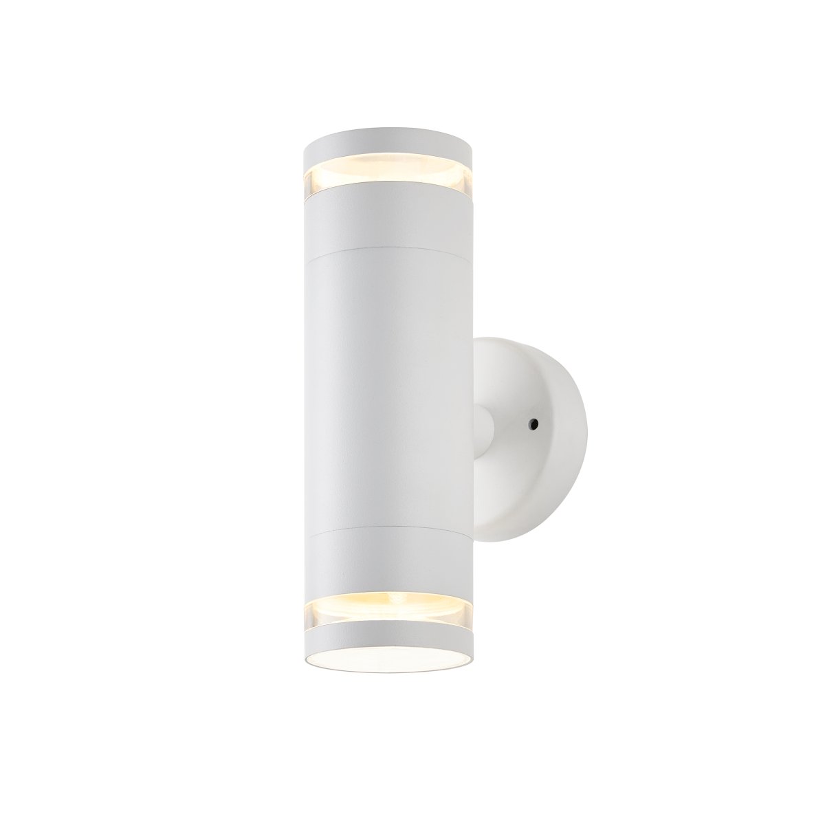 Cylinder Duo Hvid udendørslampe Fra Lampan - Lampan lyser fint b&aring;de upp och ner p&aring; v&auml;ggen.