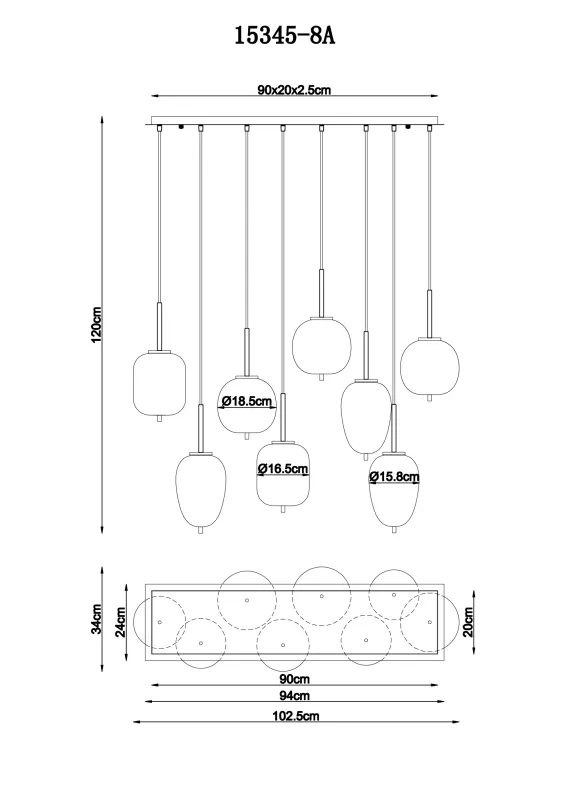 Blacky 102cm Rav loftslampe Fra Globo Lighting - De &aring;tta r&ouml;k- och amberf&auml;rgade glasgloberna i olika former h&auml;nger fr&aring;n en svart, rektangul&auml;r takplatta och kan justeras upp till 120 cm fr&aring;n taket.