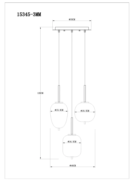 Blacky Ø46 Messing loftslampe Fra Globo Lighting - Den best&aring;r av en rund m&auml;ssingsf&auml;rgad metallplatta, fr&aring;n vilken tre svarta kablar med r&ouml;kf&auml;rgade glasglober i olika former h&auml;nger.