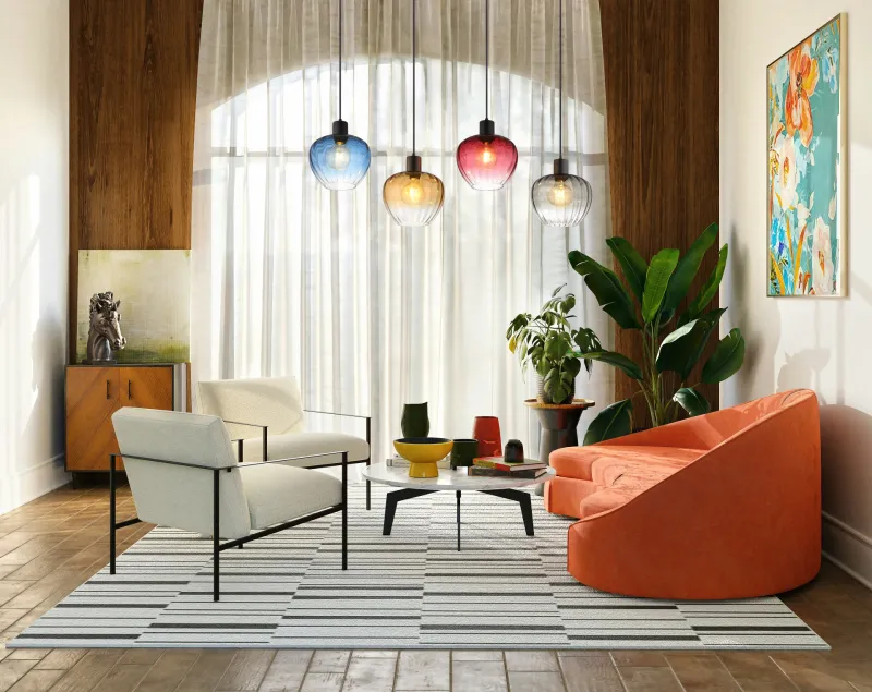 Toy 108cm Flerfarvet loftslampe Fra Globo Lighting - Varje glas finns i en av fyra levande f&auml;rger &ndash; r&ouml;d, bl&aring;, b&auml;rnsten och r&ouml;k &ndash; vilket skapar en harmonisk ljusst&auml;mning och ger rummet imponerande f&auml;rgaccenter.