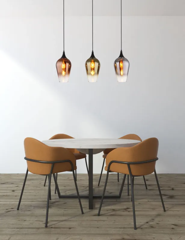 Lavus 83cm Sort loftslampe Fra Globo Lighting - Lavus &auml;r en elegant taklampa med tre dekorativa glaskupor i koppar-, guld- och kromfinish, vilket ger lampan en modern och stilfull karakt&auml;r.