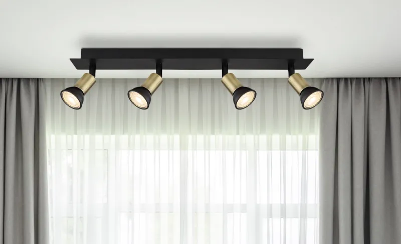 Drew 4 Guld spotlight Fra Globo Lighting - Drew &auml;r en stilren takspotlight som imponerar med sin design i mattsvart och guld.