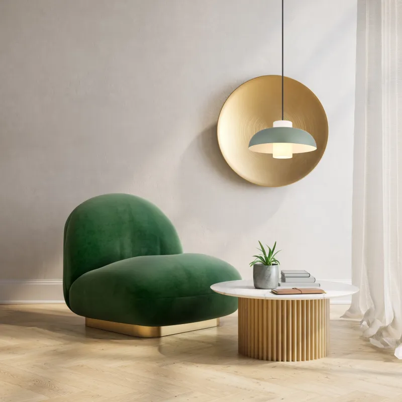 Lowe Ø38 Grøn loftslampe Fra Globo Lighting - Den runda sk&auml;rmen i matt gr&ouml;nf&auml;rgad metall ger ett elegant och tidl&ouml;st uttryck, medan den cylinderformade sk&auml;rmen i opalglas sprider ett mjukt och behagligt ljus.