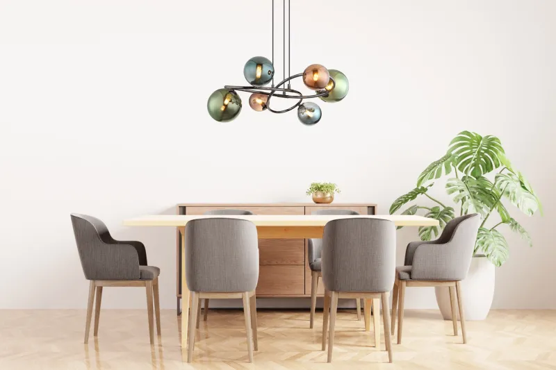 Riha 62cm Flerfarvet loftslampe Fra Globo Lighting - De olika glaskulorna i brons, gr&ouml;nt och petrol ger lampan en dynamisk och lekfull karakt&auml;r samtidigt som de skapar en visuellt intressant ljusbild.