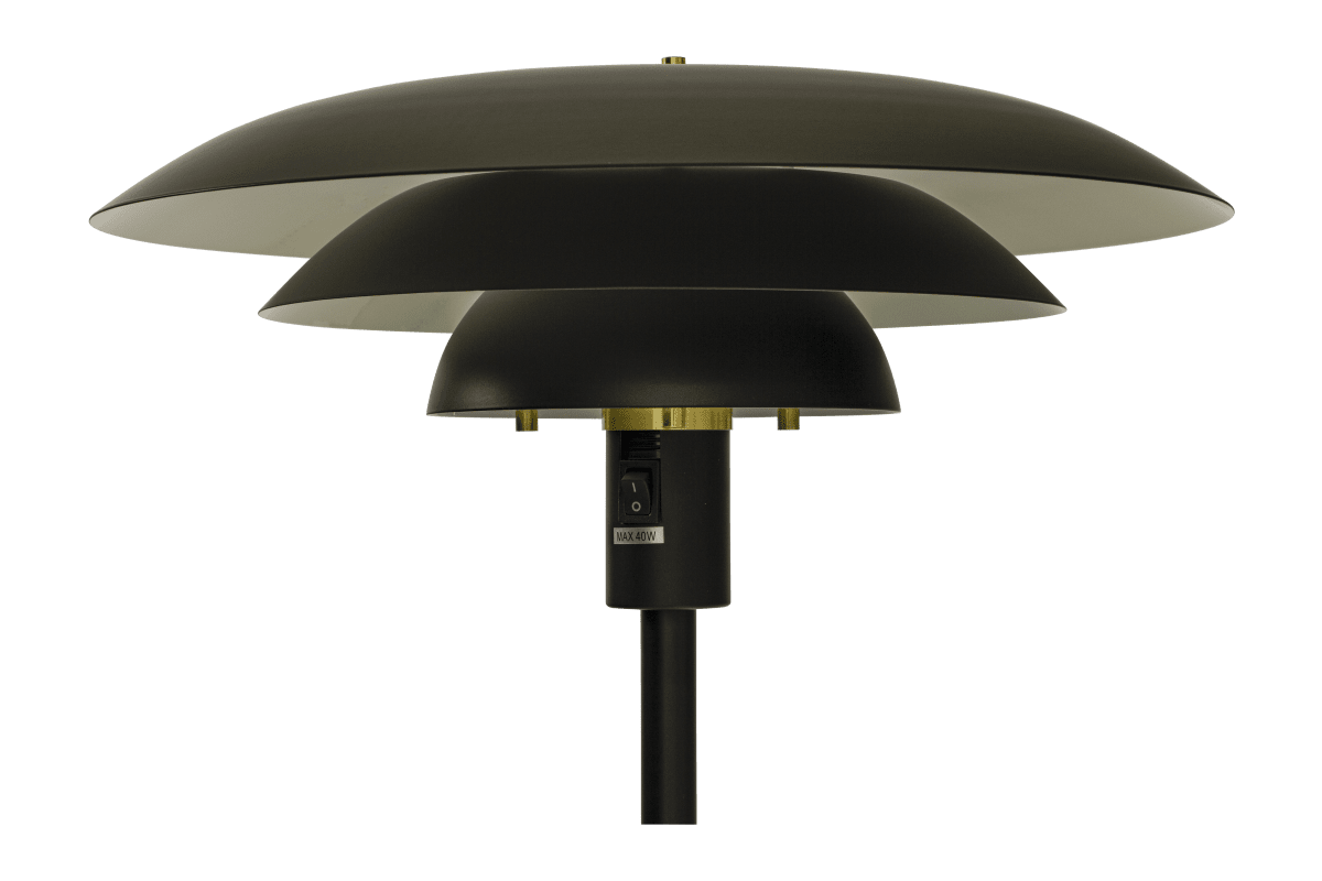 Epsilon Sort gulvlampe Fra Aneta Lighting - Stovlampen Epsilon har et klassisk design med sorte metalsk&aelig;rme i tre niveauer, der spreder lyset behageligt og forhindrer bl&aelig;nding.